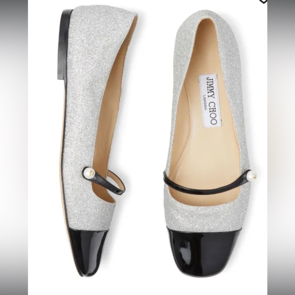 Jimmy Choo Glitter Silver and Black Elisa Flats - brand new